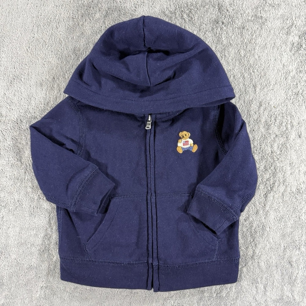 Ralph Lauren Baby Hoodie Boys 9 Months Blue Polo Bear Full Zip Sweatshirt Jacket